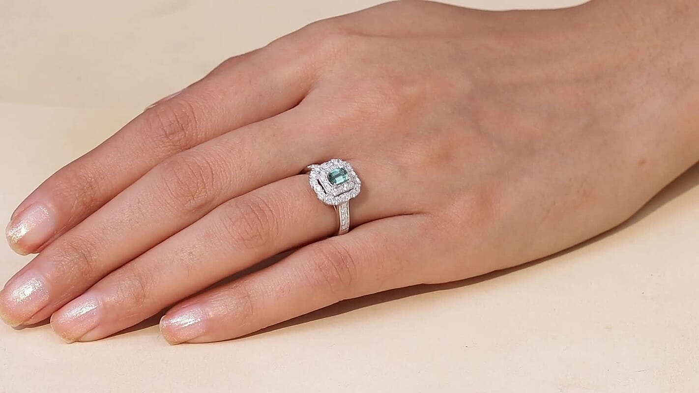 Certified & Appraised D'Joy Pirineu Lagoon Tourmaline and Moissanite 1.50 ctw Ring in Rhodium Over Sterling Silver