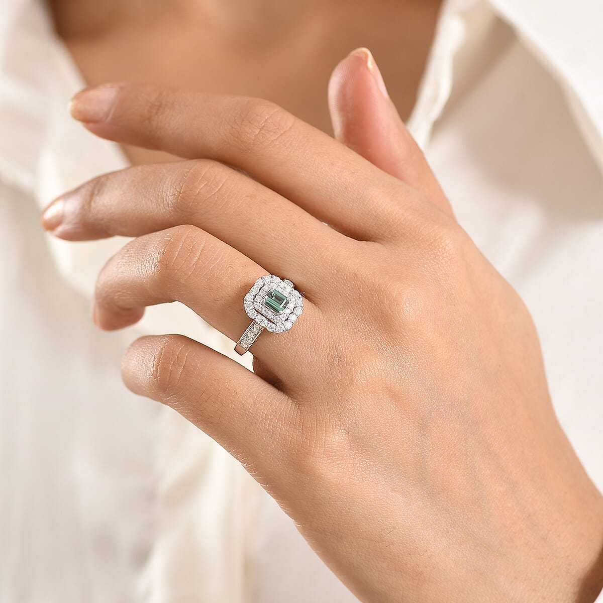 Certified & Appraised D'Joy Pirineu Lagoon Tourmaline and Moissanite 1.50 ctw Ring in Rhodium Over Sterling Silver (Size 8.0) image number 2