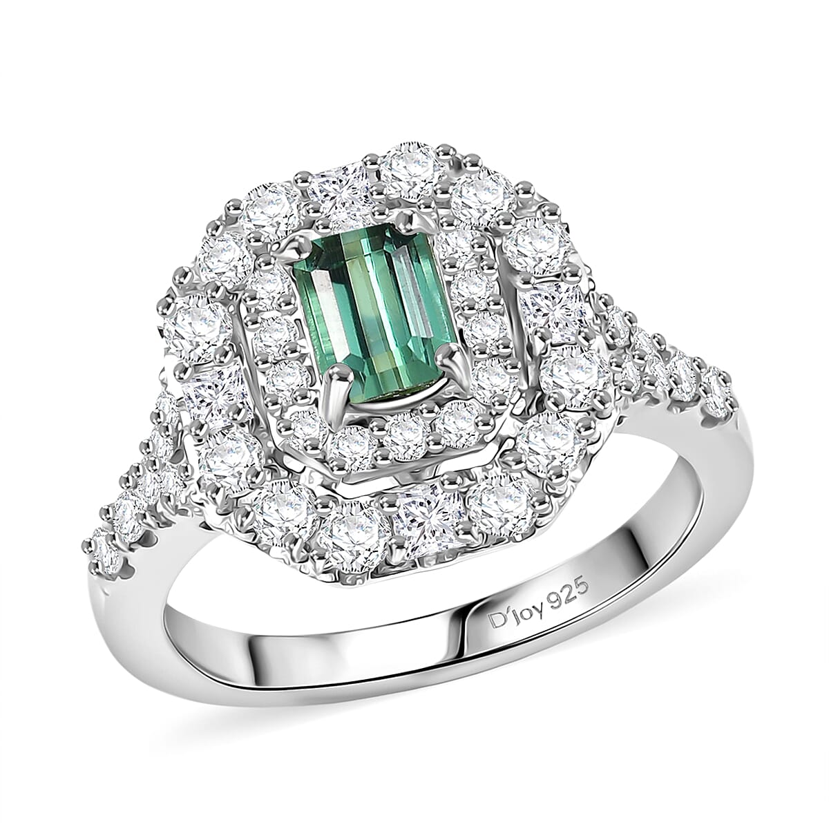 Certified & Appraised D'Joy Pirineu Lagoon Tourmaline and Moissanite 1.60 ctw Ring in Rhodium Over Sterling Silver (Size 10.0)
