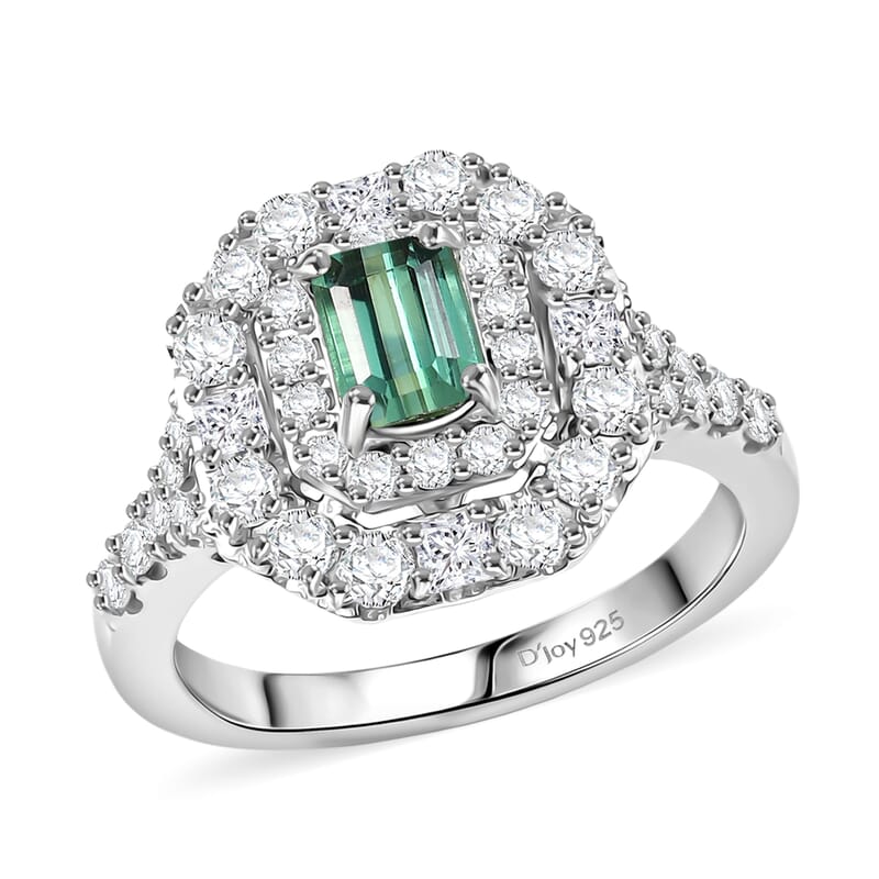 Certified & Appraised D'Joy Pirineu Lagoon Tourmaline and Moissanite 1.60 ctw Ring in Rhodium Over Sterling Silver (Size 10.0)
