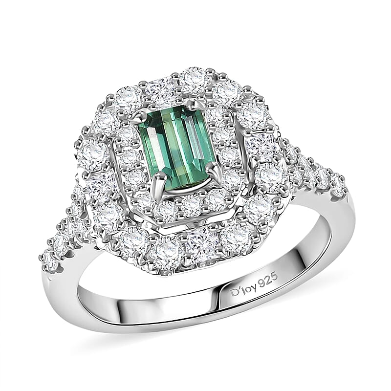 Certified & Appraised D'Joy Pirineu Lagoon Tourmaline and Moissanite 1.60 ctw Ring in Rhodium Over Sterling Silver (Size 10.0)