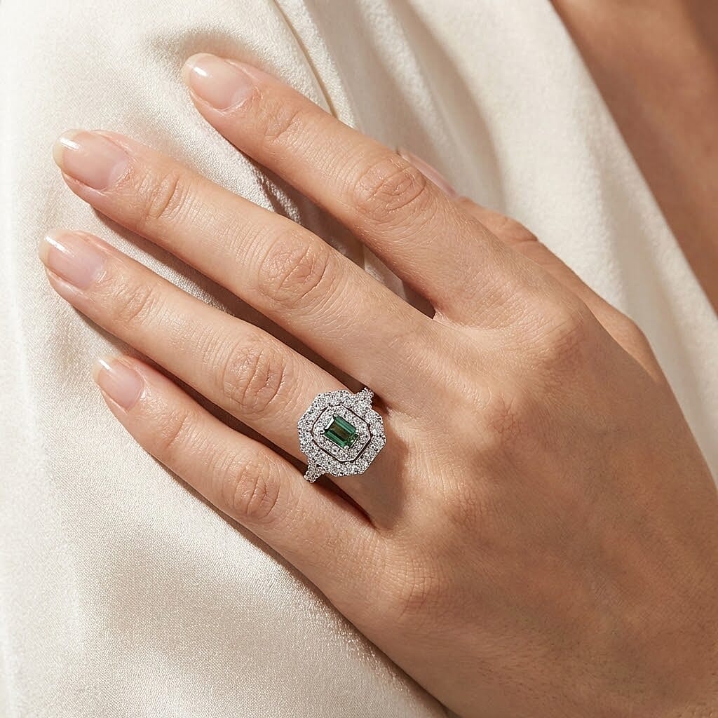 Certified & Appraised D'Joy Pirineu Lagoon Tourmaline and Moissanite 1.60 ctw Ring in Rhodium Over Sterling Silver (Size 10.0)