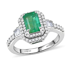D'Joy Premium Kagem Zambian Emerald and Moissanite 1.50 ctw Halo Statement Ring in Rhodium Over Sterling Silver (Size 10.0)