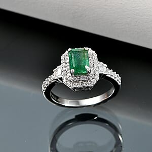 D'Joy Premium Kagem Zambian Emerald and Moissanite 1.50 ctw Halo Statement Ring in Rhodium Over Sterling Silver (Size 10.0)
