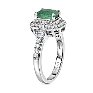 D'Joy Premium Kagem Zambian Emerald and Moissanite 1.50 ctw Halo Statement Ring in Rhodium Over Sterling Silver (Size 10.0)
