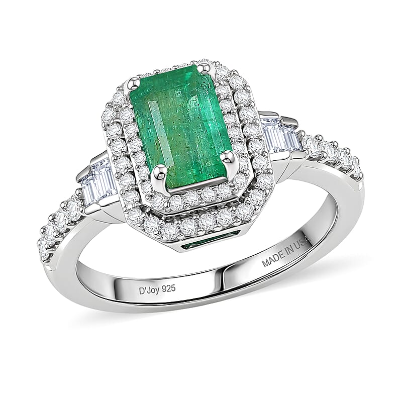 D'Joy Premium Kagem Zambian Emerald and Moissanite 1.50 ctw Halo Statement Ring in Rhodium Over Sterling Silver (Size 6.0)
