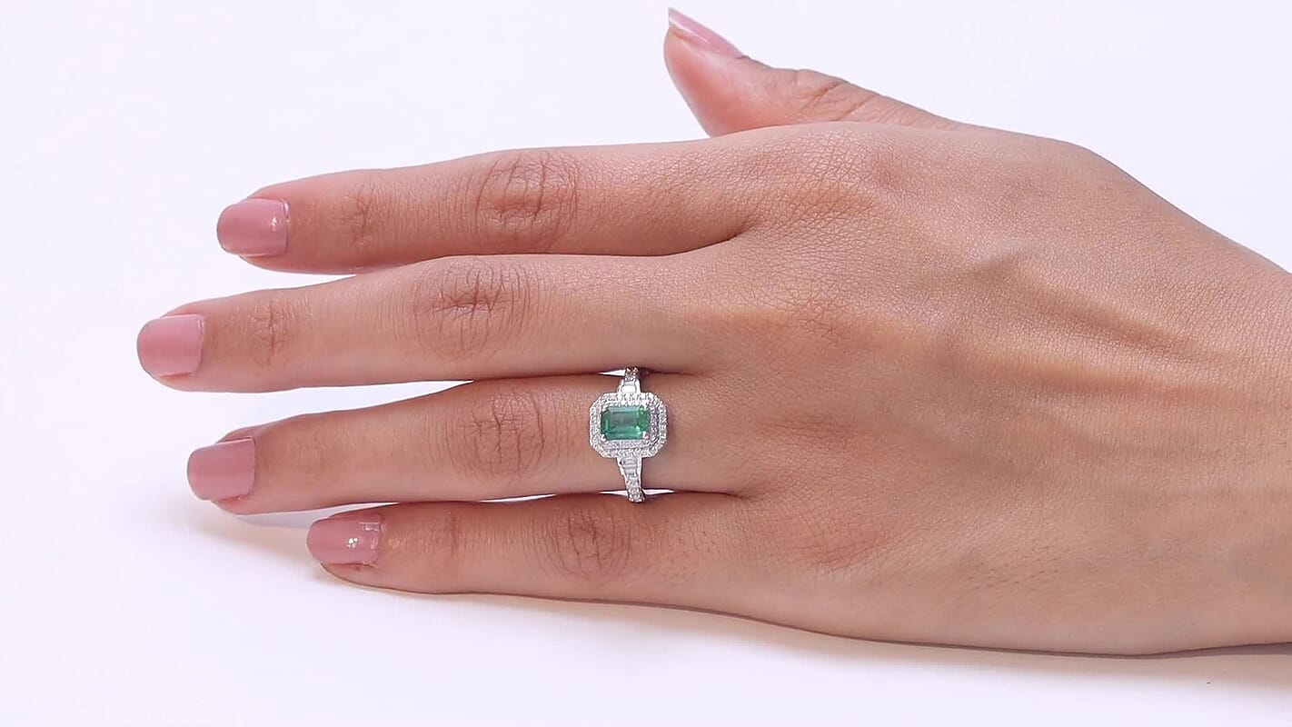 D'Joy Premium Kagem Zambian Emerald, Moissanite Ring in Rhodium Over Sterling Silver (Size 10.0) 1.50 ctw