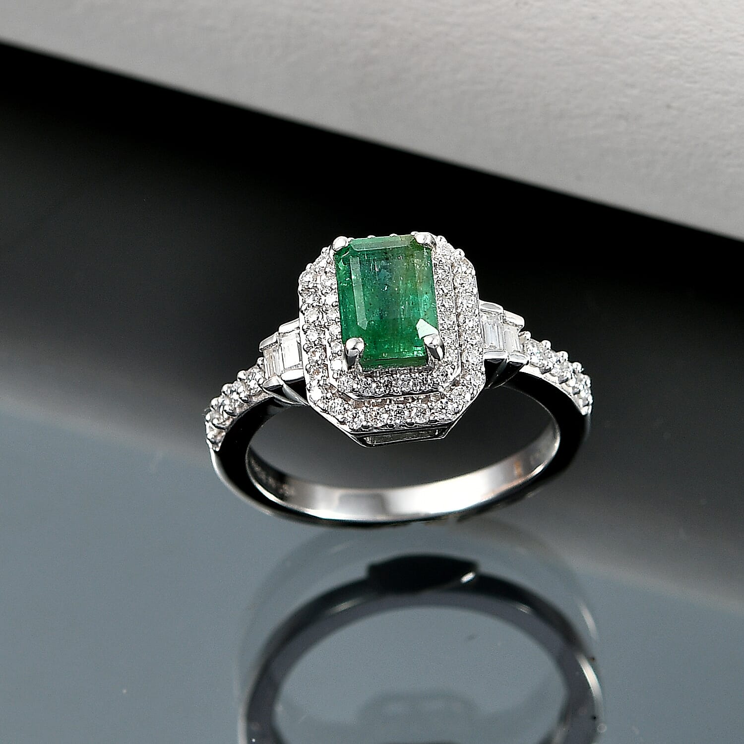 D'Joy Premium Kagem Zambian Emerald and Moissanite 1.50 ctw Halo Statement Ring in Rhodium Over Sterling Silver (Size 6.0)