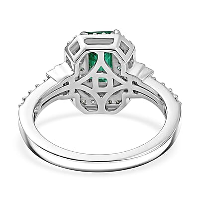 D'Joy Premium Kagem Zambian Emerald and Moissanite 1.50 ctw Halo Statement Ring in Rhodium Over Sterling Silver (Size 6.0)