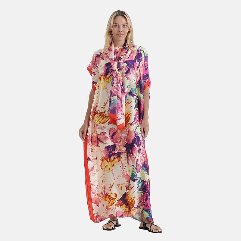 La Marey 3 pcs White with Multi Color Floral Pattern Kaftan with Scarf and Metal Buckle