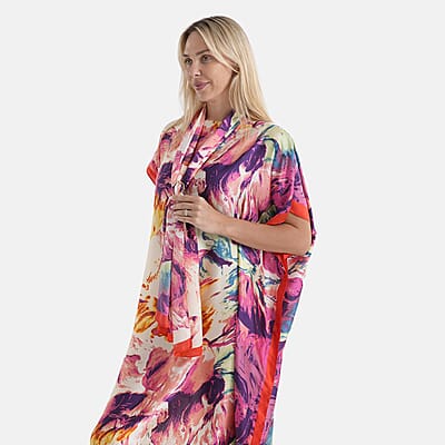 La Marey 3 pcs White with Multi Color Floral Pattern Kaftan with Scarf and Metal Buckle