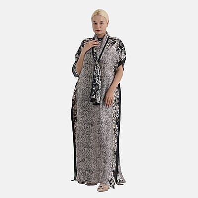 La Marey 3 pcs Black and White Leopard Print Kaftan with Scarf and Metal Buckle