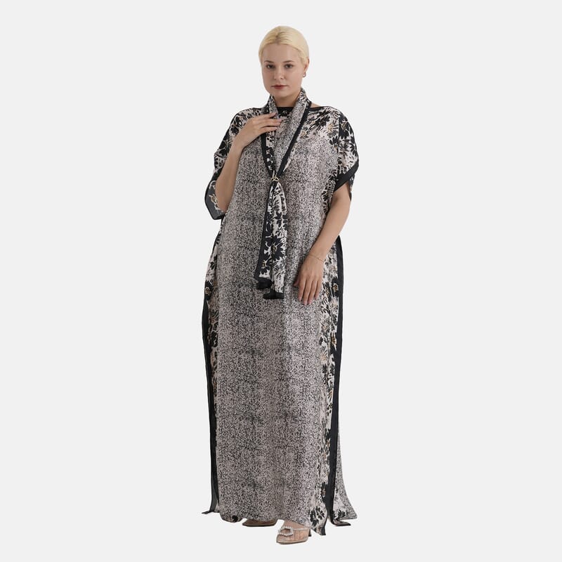La Marey 3 pcs Black and White Leopard Print Kaftan with Scarf and Metal Buckle