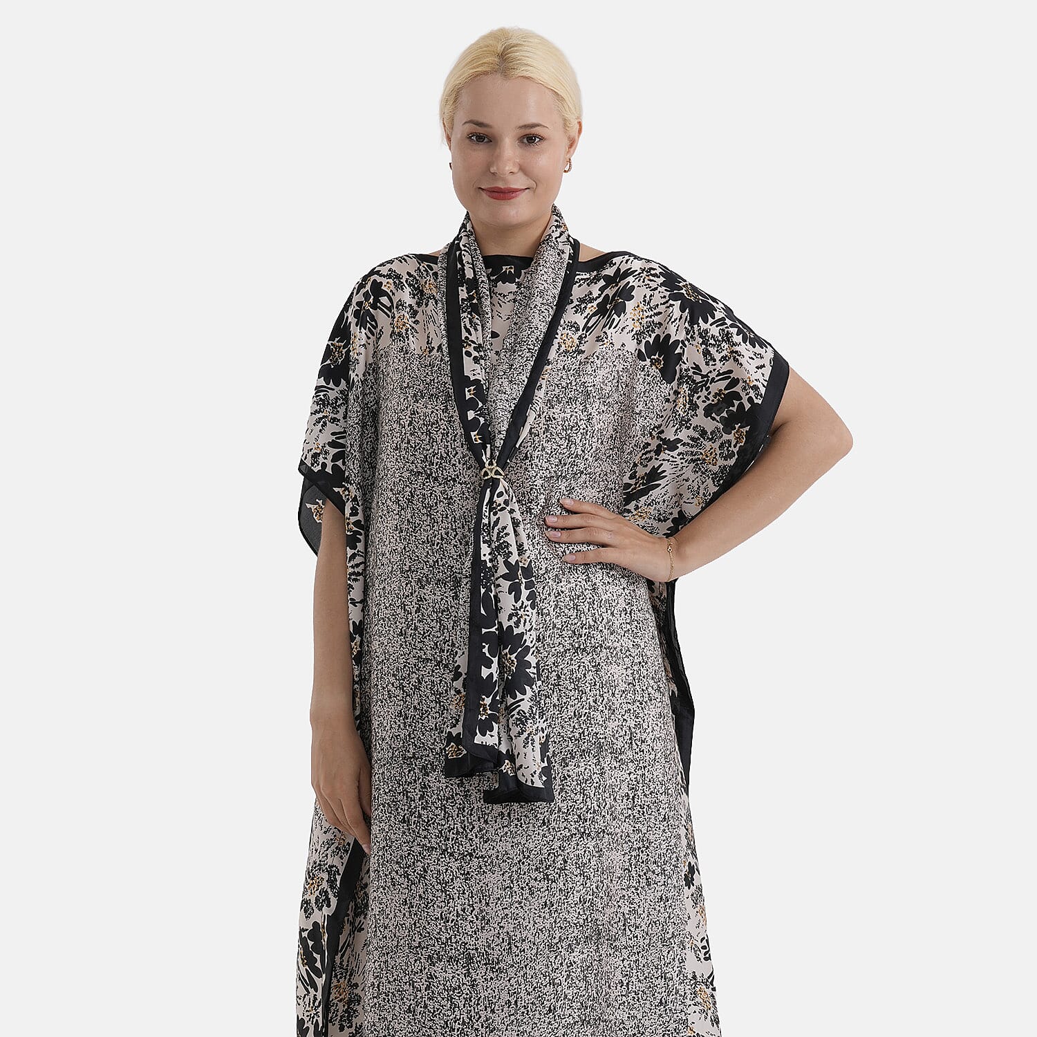 La Marey 3 pcs Black and White Leopard Print Kaftan with Scarf and Metal Buckle