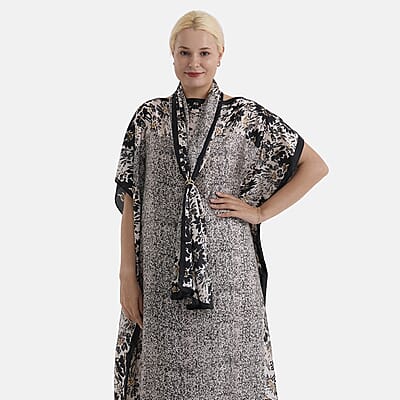 La Marey 3 pcs Black and White Leopard Print Kaftan with Scarf and Metal Buckle