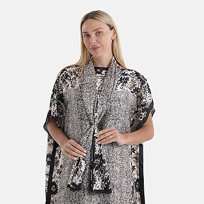 La Marey 3 pcs Black and White Leopard Print Kaftan with Scarf and Metal Buckle