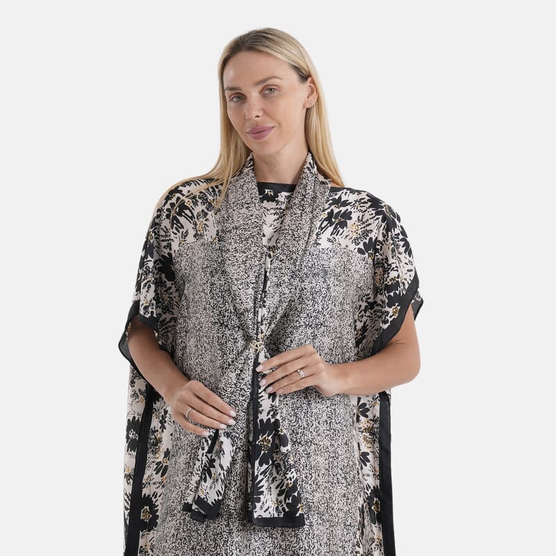 La Marey 3 pcs Black and White Leopard Print Kaftan with Scarf and Metal Buckle