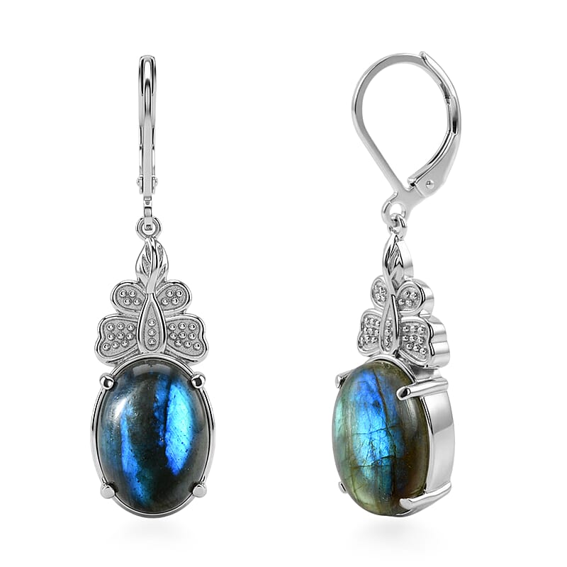 EverTrue Malagasy Labradorite 14.00 ctw Lever Back Earrings in Stainless Steel