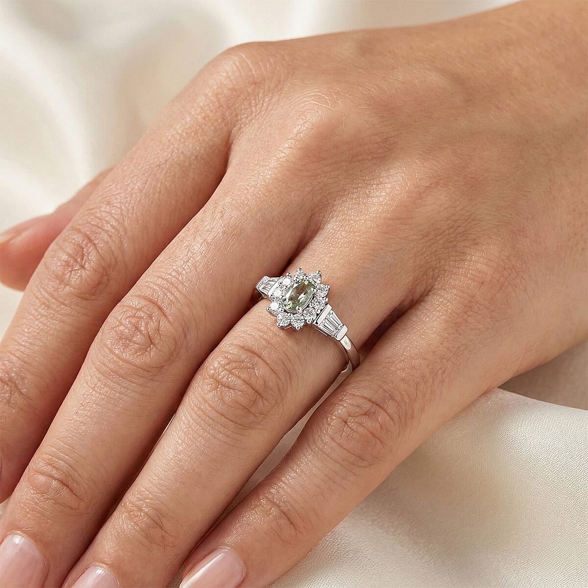 D'Joy Narsipatnam Alexandrite and Moissanite 0.60 ctw Royal Glow Halo Ring in Rhodium Over Sterling Silver (Size 7.0) image number 2