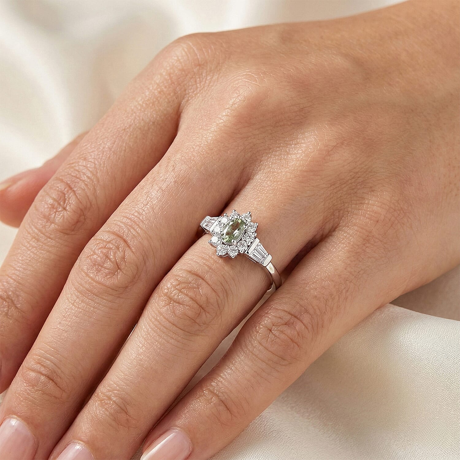 D'Joy Narsipatnam Alexandrite and Moissanite 0.60 ctw Royal Glow Halo Ring in Rhodium Over Sterling Silver (Size 9.0)