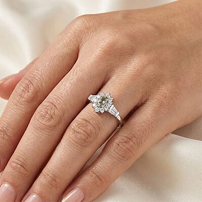 D'Joy Narsipatnam Alexandrite and Moissanite 0.60 ctw Royal Glow Halo Ring in Rhodium Over Sterling Silver (Size 9.0)