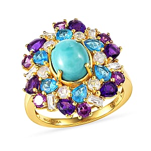 D'Joy Sleeping Beauty Turquoise and Multi Gemstone 5.00 ctw Sky Blossom Ring in 18K Vermeil Yellow Gold Over Sterling Silver (Size 10.0) (Del. in 8-10 Days)