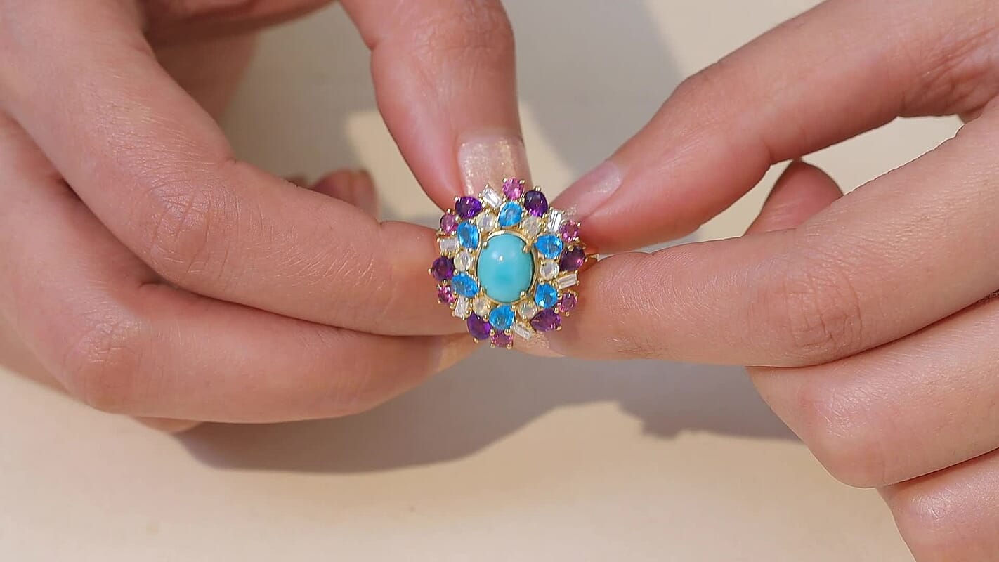 D'Joy Sleeping Beauty Turquoise, Multi Gemstone Ring in 18K Vermeil YG Over Sterling Silver (Size 10.0) 5.00 ctw