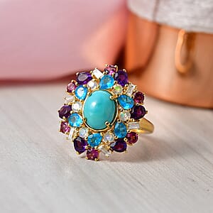 D'Joy Sleeping Beauty Turquoise and Multi Gemstone 5.00 ctw Sky Blossom Ring in 18K Vermeil Yellow Gold Over Sterling Silver (Size 10.0) (Del. in 8-10 Days)