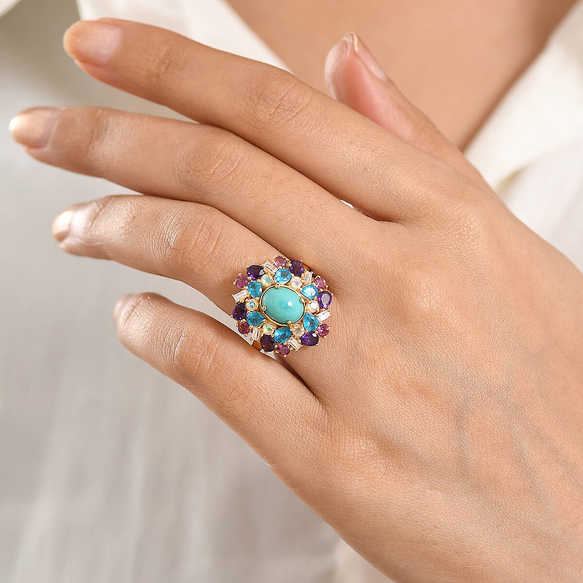 D'Joy Sleeping Beauty Turquoise and Multi Gemstone 5.00 ctw Sky Blossom Ring in 18K Vermeil Yellow Gold Over Sterling Silver (Size 10.0) (Del. in 8-10 Days) image number 2