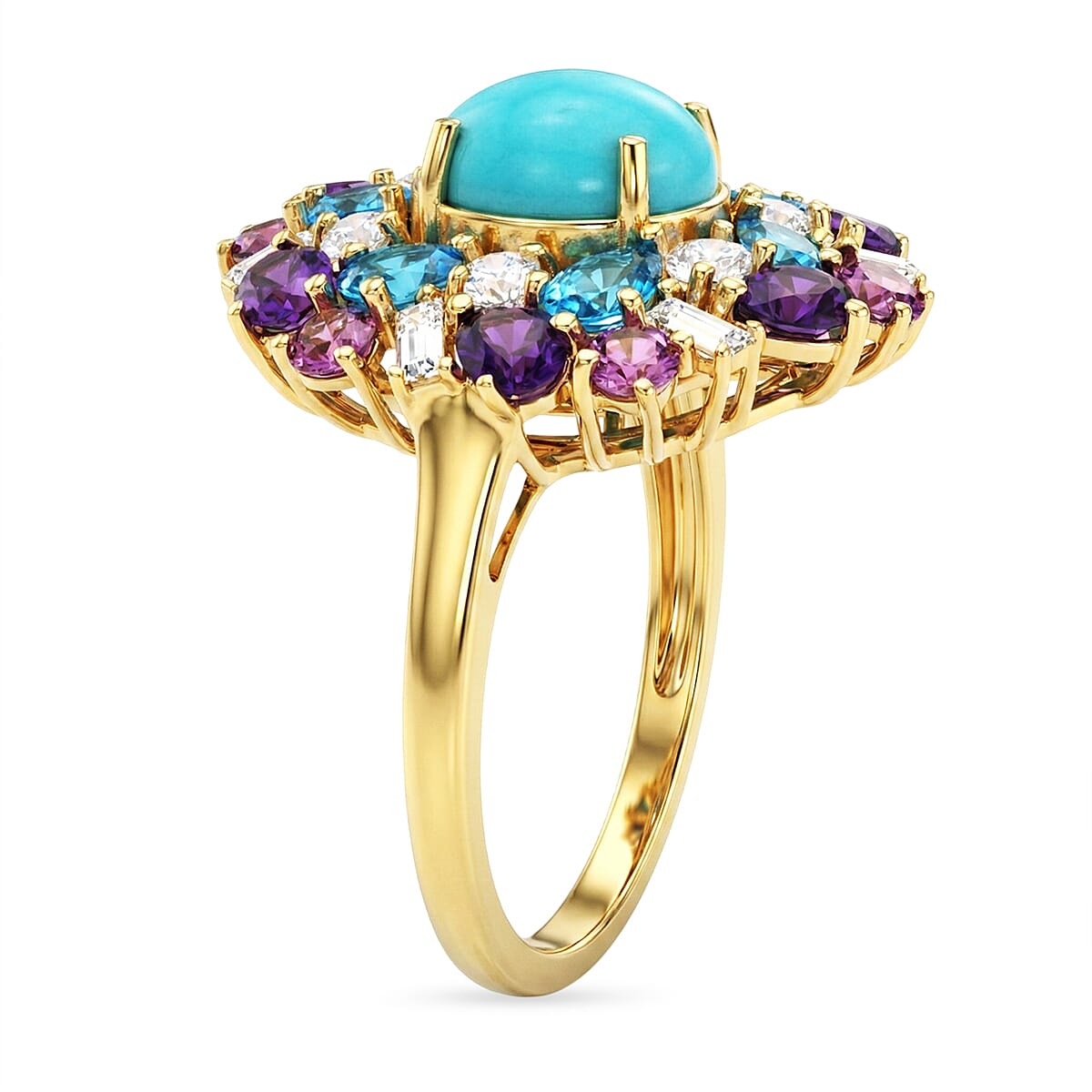 D'Joy Sleeping Beauty Turquoise and Multi Gemstone 5.00 ctw Sky Blossom Ring in 18K Vermeil Yellow Gold Over Sterling Silver (Size 10.0) (Del. in 8-10 Days) image number 3