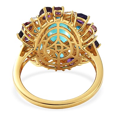 D'Joy Sleeping Beauty Turquoise and Multi Gemstone 5.00 ctw Sky Blossom Ring in 18K Vermeil Yellow Gold Over Sterling Silver (Size 10.0)