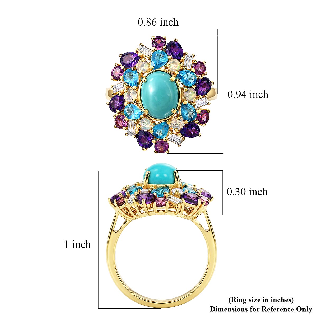 D'Joy Sleeping Beauty Turquoise and Multi Gemstone 5.00 ctw Sky Blossom Ring in 18K Vermeil Yellow Gold Over Sterling Silver (Size 10.0)