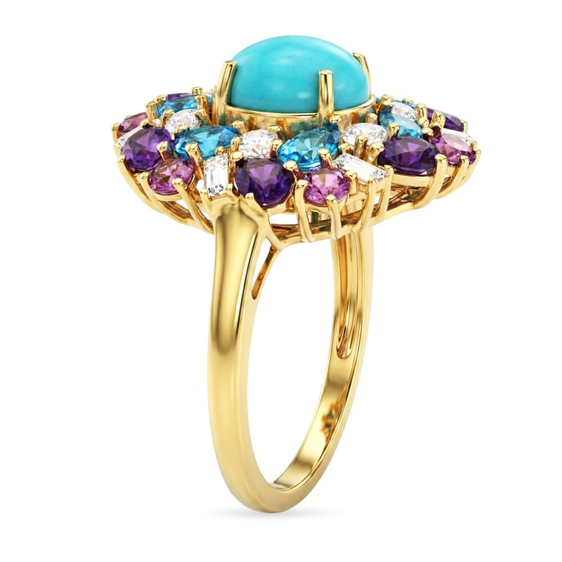 D'Joy Sleeping Beauty Turquoise and Multi Gemstone 5.00 ctw Sky Blossom Ring in 18K Vermeil Yellow Gold Over Sterling Silver (Size 6.0)