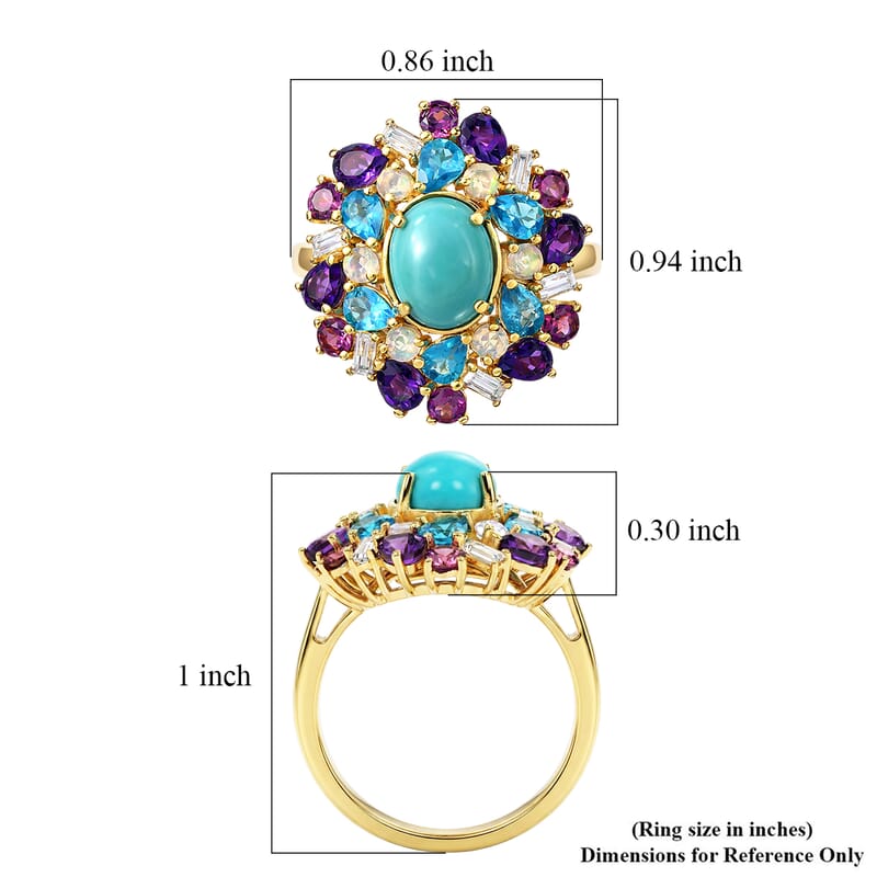 D'Joy Sleeping Beauty Turquoise and Multi Gemstone 5.00 ctw Sky Blossom Ring in 18K Vermeil Yellow Gold Over Sterling Silver (Size 6.0)