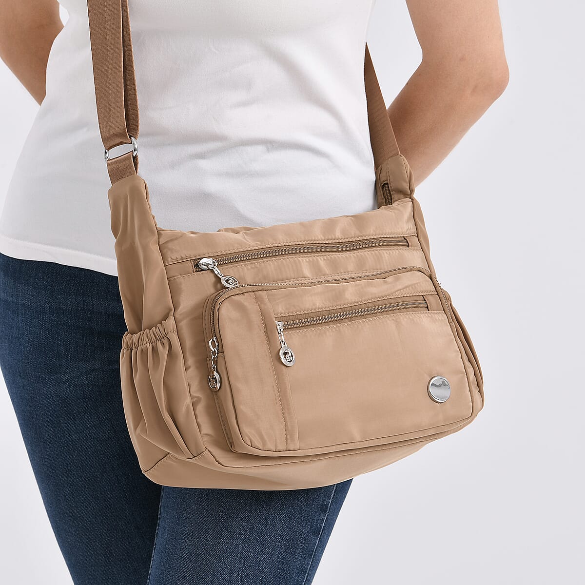 Passage Khaki Nylon Multi Pocket Crossbody Bag with RFID and Shoulder Strap image number 3