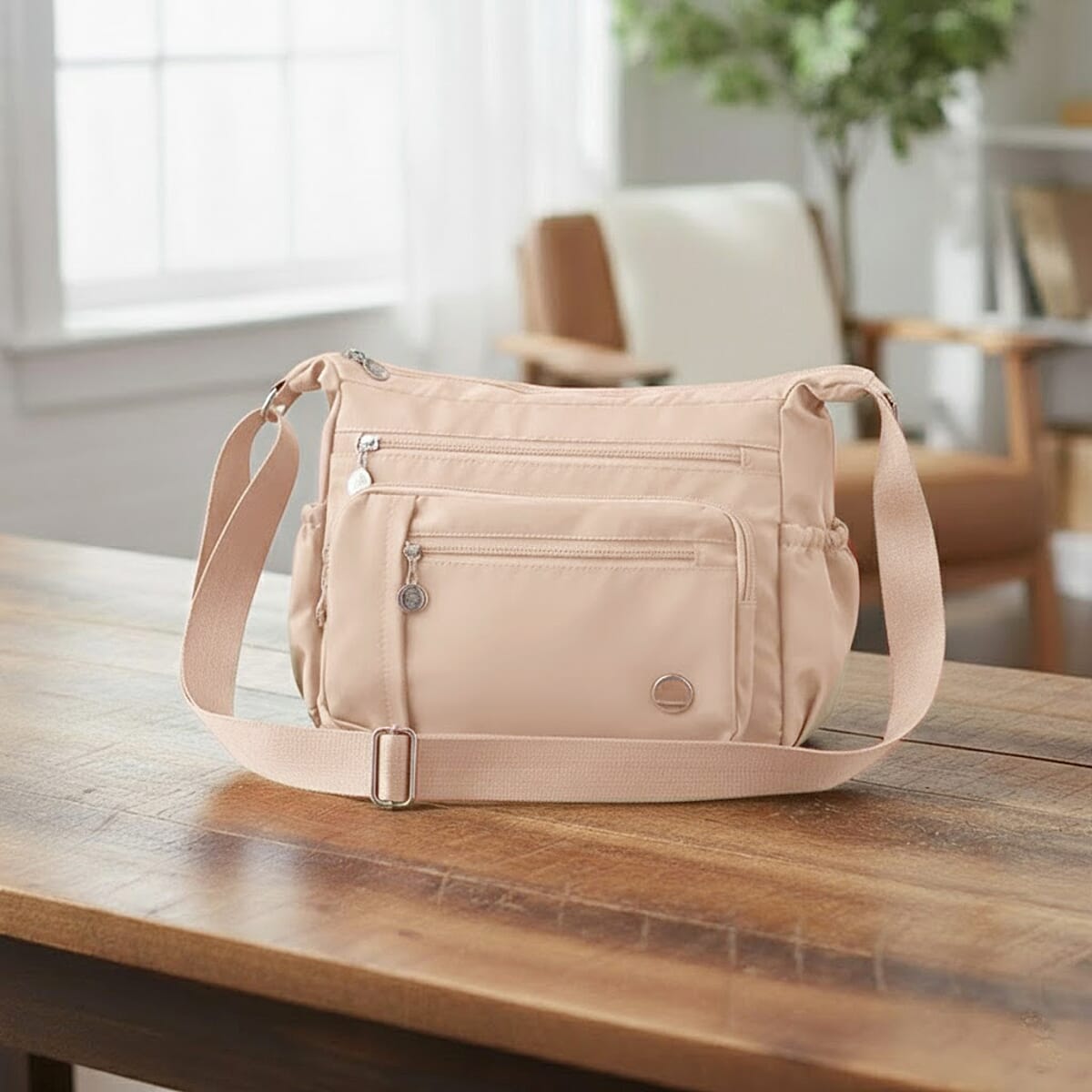 Passage Beige Nylon Multi Pocket Crossbody Bag with RFID and Shoulder Strap image number 1