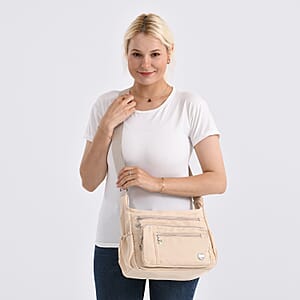 Passage Beige Nylon Multi Pocket Crossbody Bag with RFID and Shoulder Strap