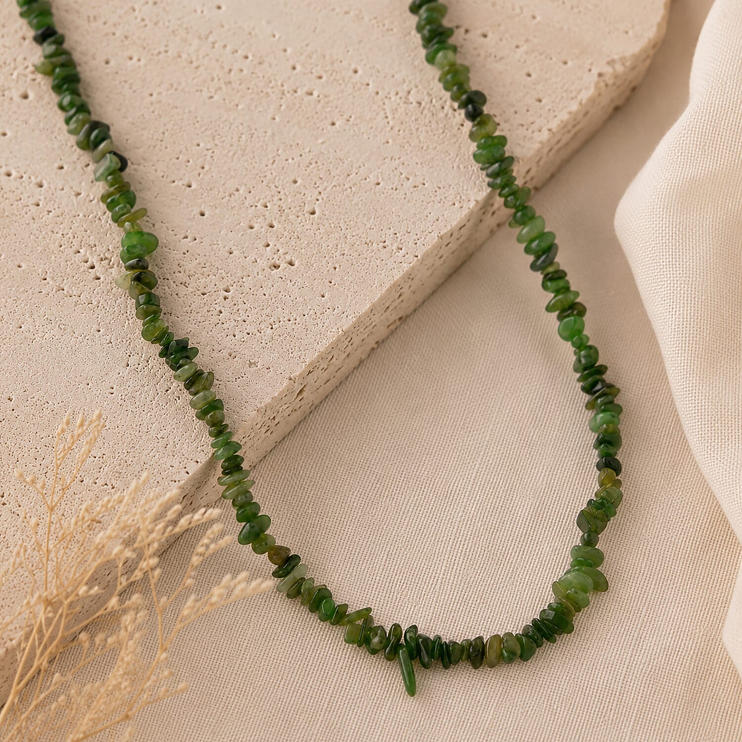 Nephrite Jade 355.00 ctw Beaded Necklace with Lobster Lock in Stainless Steel 32 Inches