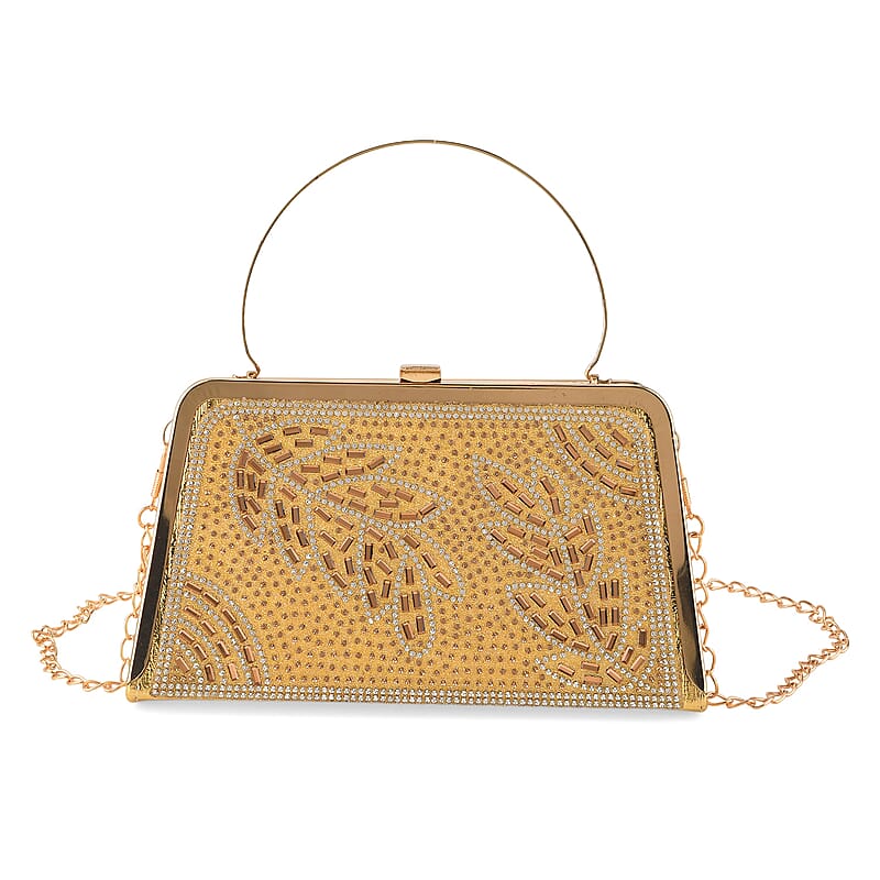 La Marey Golden Leaf Pattern Crystal Evening Clutch Bag