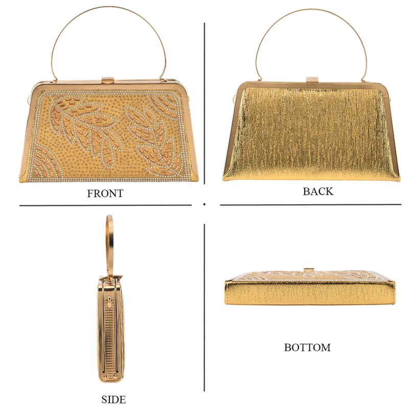 La Marey Golden Leaf Pattern Crystal Evening Clutch Bag