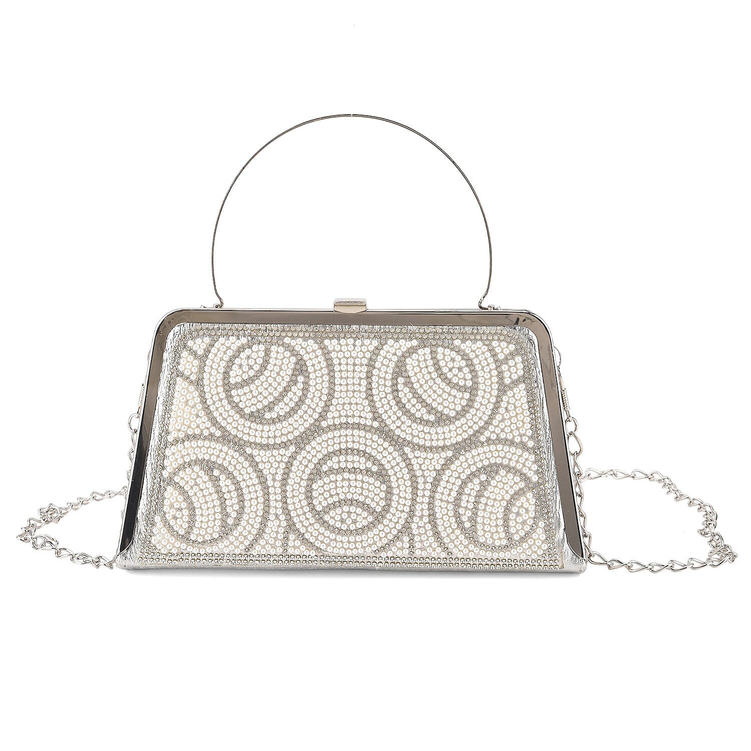 La Marey Silver Floral Pattern Crystal Evening Clutch Bag