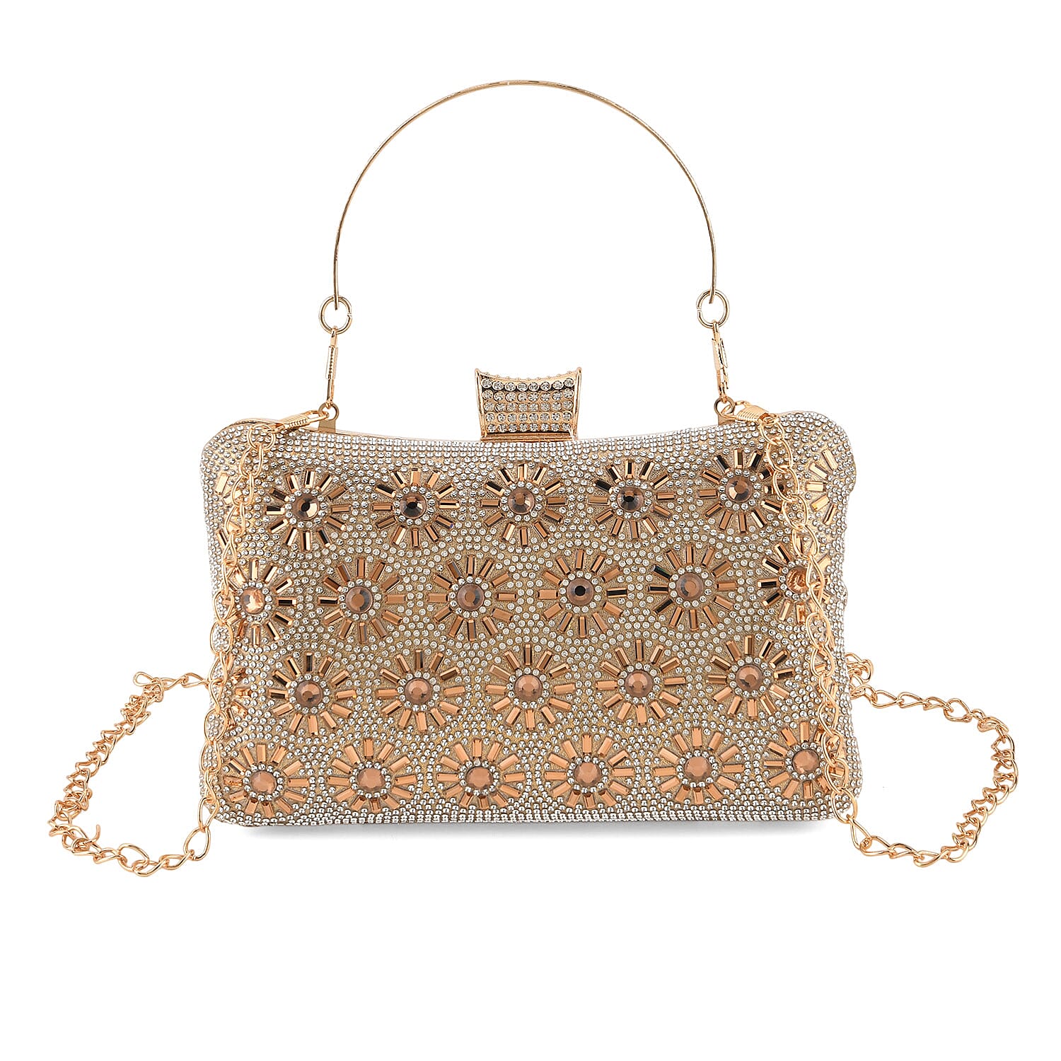 La Marey Golden Floral Pattern Crystal Crossbody Bag with Chain Strap