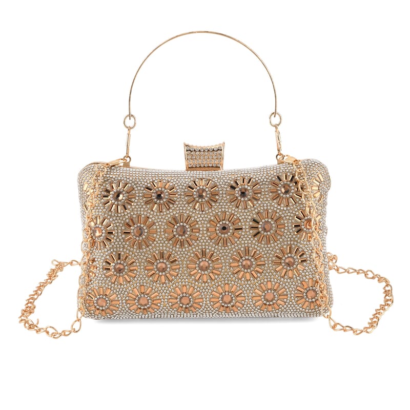 La Marey Golden Floral Pattern Crystal Crossbody Bag with Chain Strap