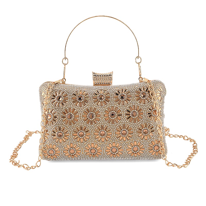 La Marey Golden Floral Pattern Crystal Crossbody Bag with Chain Strap