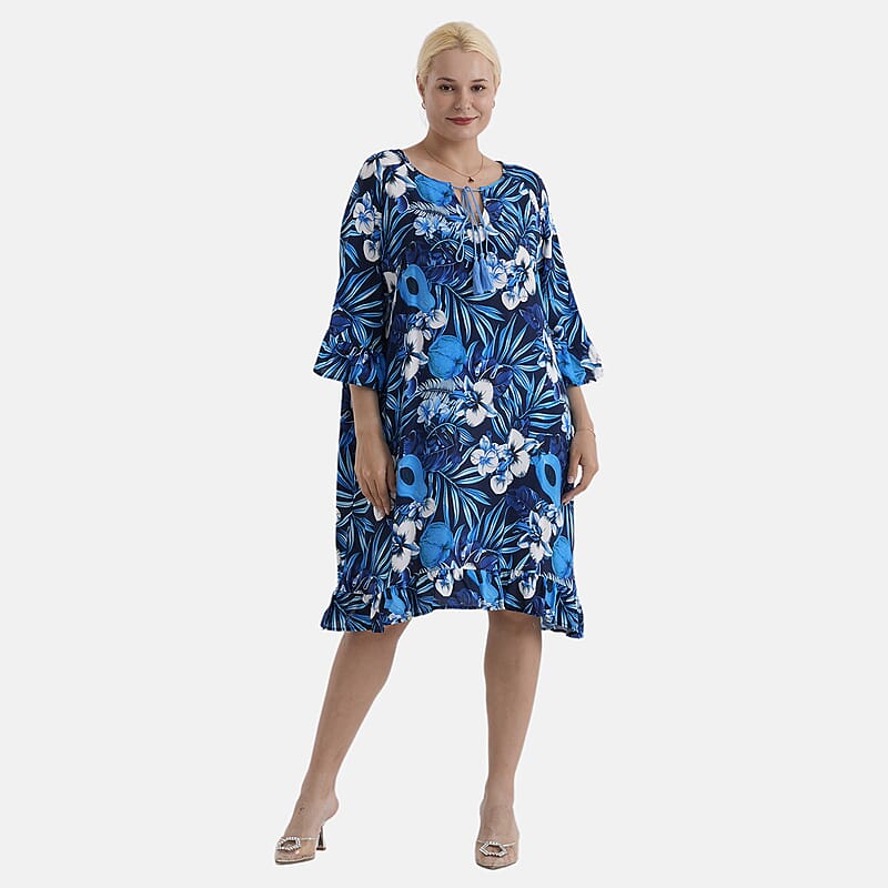 La Marey Blue Dress/Tunic with Tassel Neck Tie- One Size Fits Most
