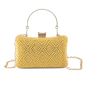 La Marey Golden Pearl Diamond Pattern Crystal Crossbody Bag with Chain Strap