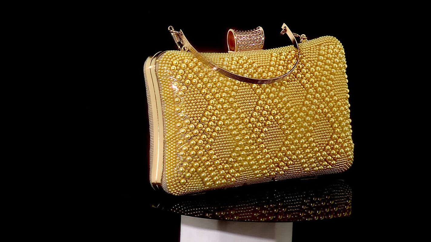 La Marey Golden Floral Pattern Crystal Crossbody Bag (7.68"x4.33"x2.76") with Chain Strap