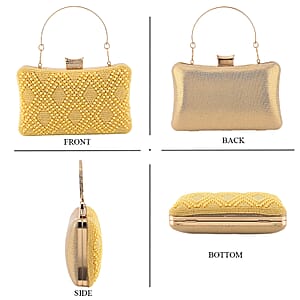 La Marey Golden Pearl Diamond Pattern Crystal Crossbody Bag with Chain Strap