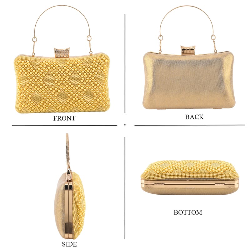 La Marey Golden Pearl Diamond Pattern Crystal Crossbody Bag with Chain Strap