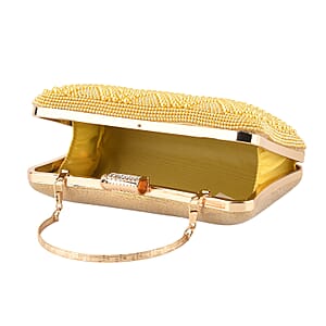 La Marey Golden Pearl Diamond Pattern Crystal Crossbody Bag with Chain Strap
